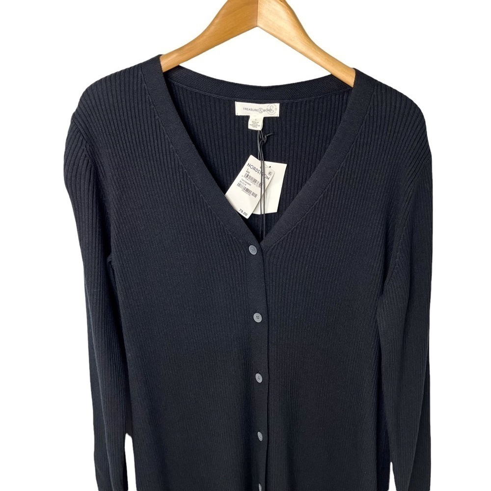 Treasure & Bond Dress V Neck Midi Sweater Ribbed Dress Black Size Large - Picture 3 of 9